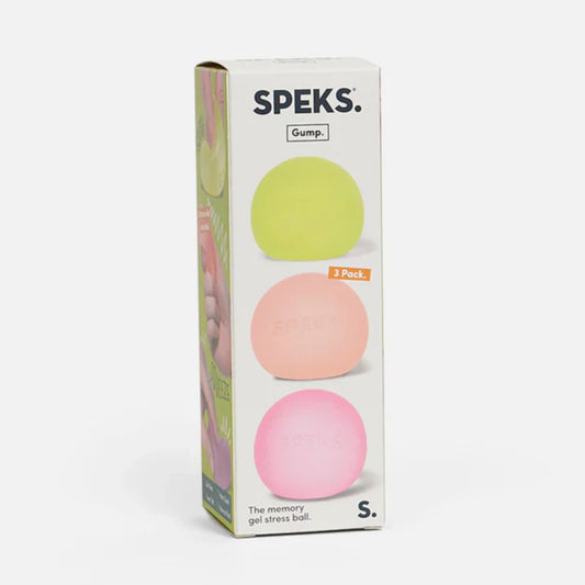 Speks Gump packaging with three original-size Gump squishy stress balls in yellow, peach and pink on a white background.
