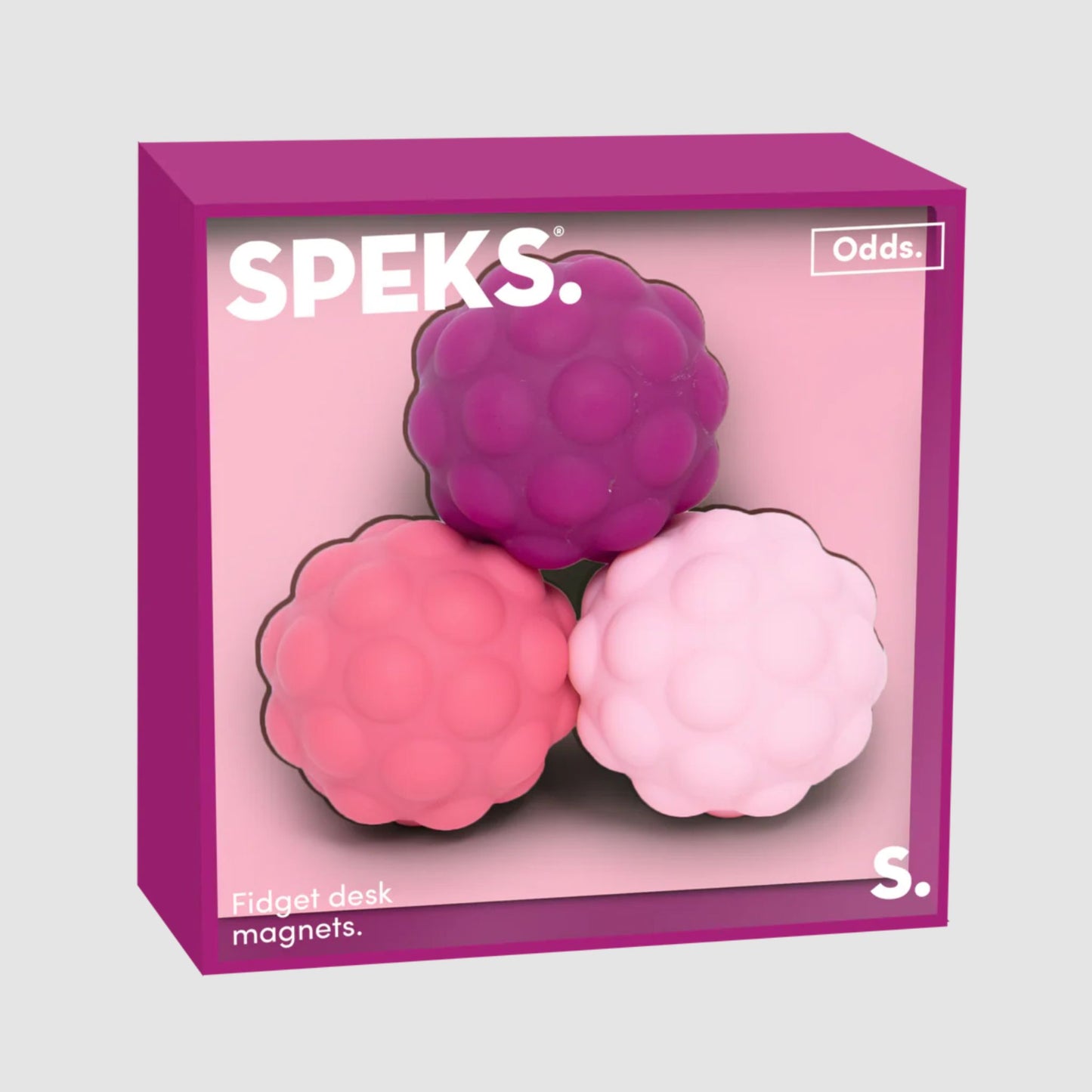 Speks Odds fidget desk magnets packaging with three colorful magnets on a pink background
