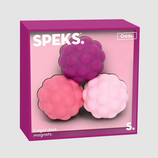 Speks Odds fidget desk magnets packaging with three colorful magnets on a pink background