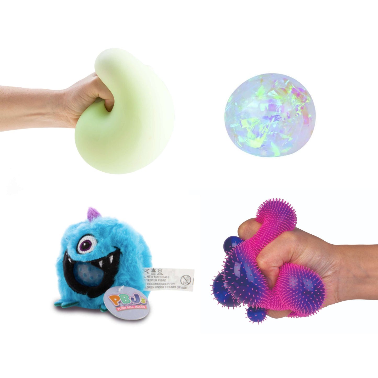 Collection of squishy toys including a blue Plush Ball Jelly monster, a green stress ball, a colourful crystal ball, and a pink and purple textured squishy ball on a white background.
