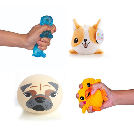 Set of squishy toys including a blue dog, yellow duck, and pug-like jumbo ball on a white background.