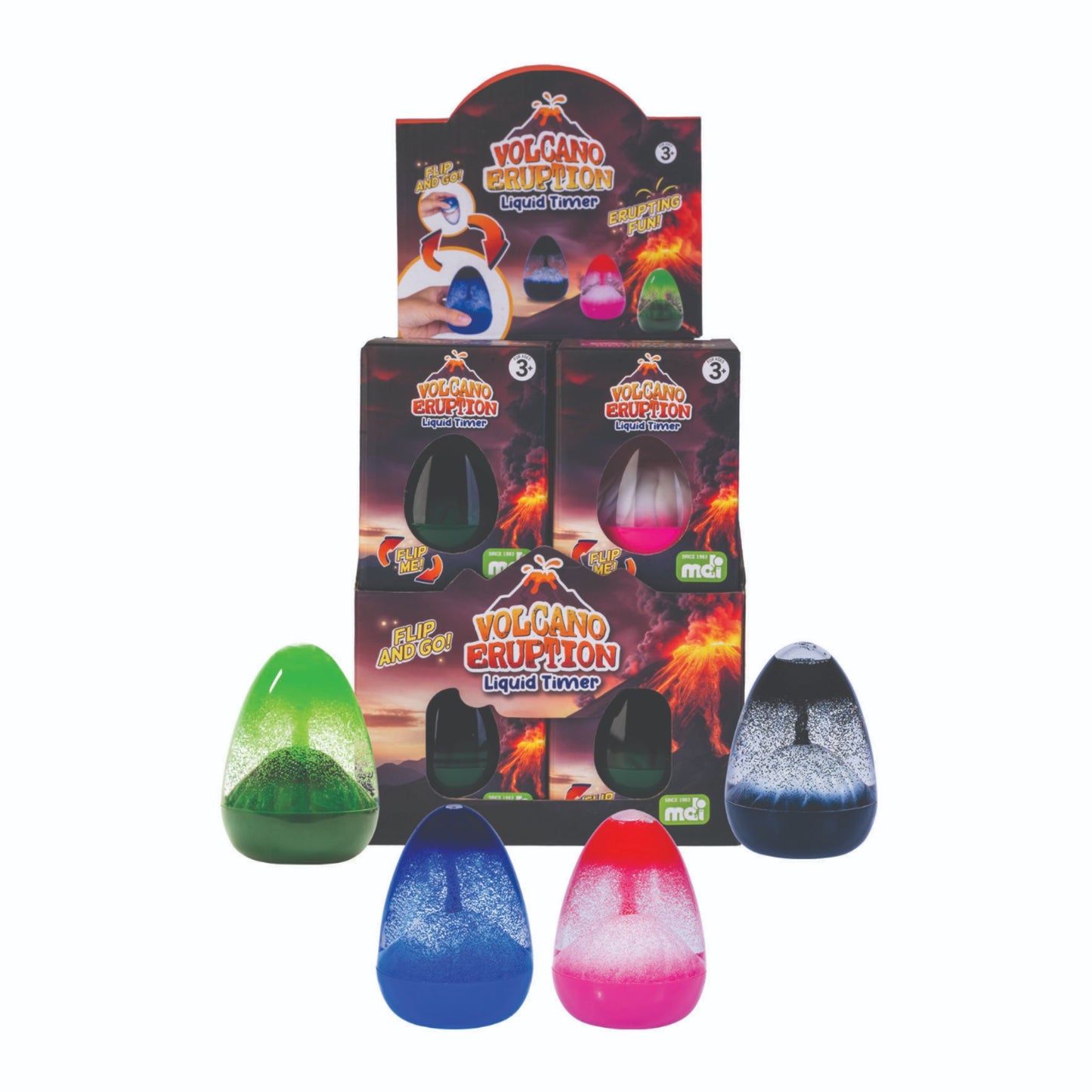 Display of Volcano Eruption liquid fountains with packaging on a white background