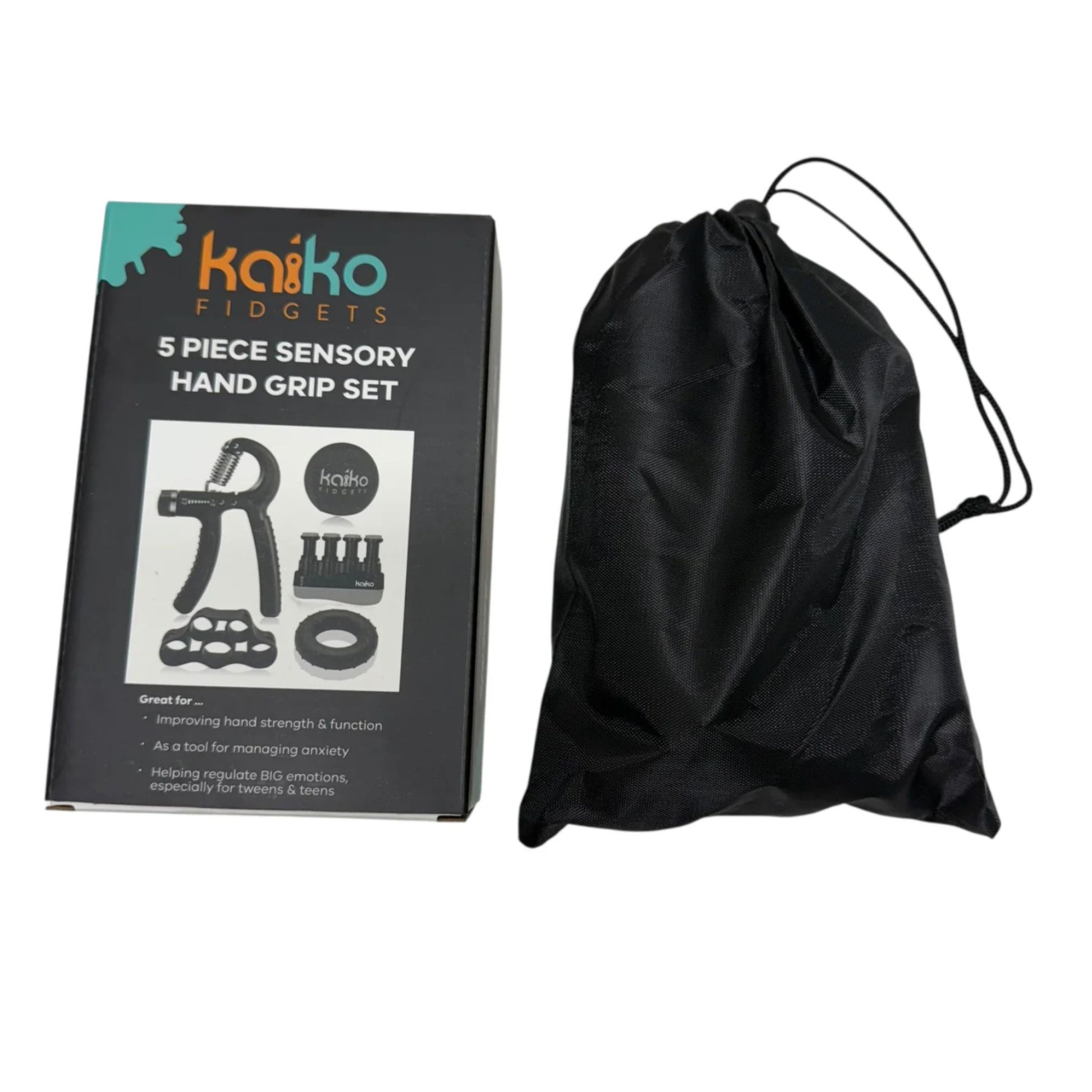 Kaiko Fidgets 5-piece sensory hand grip set packaging with a black drawstring bag on a white background