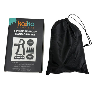 Kaiko Fidgets 5-piece sensory hand grip set packaging with a black drawstring bag on a white background