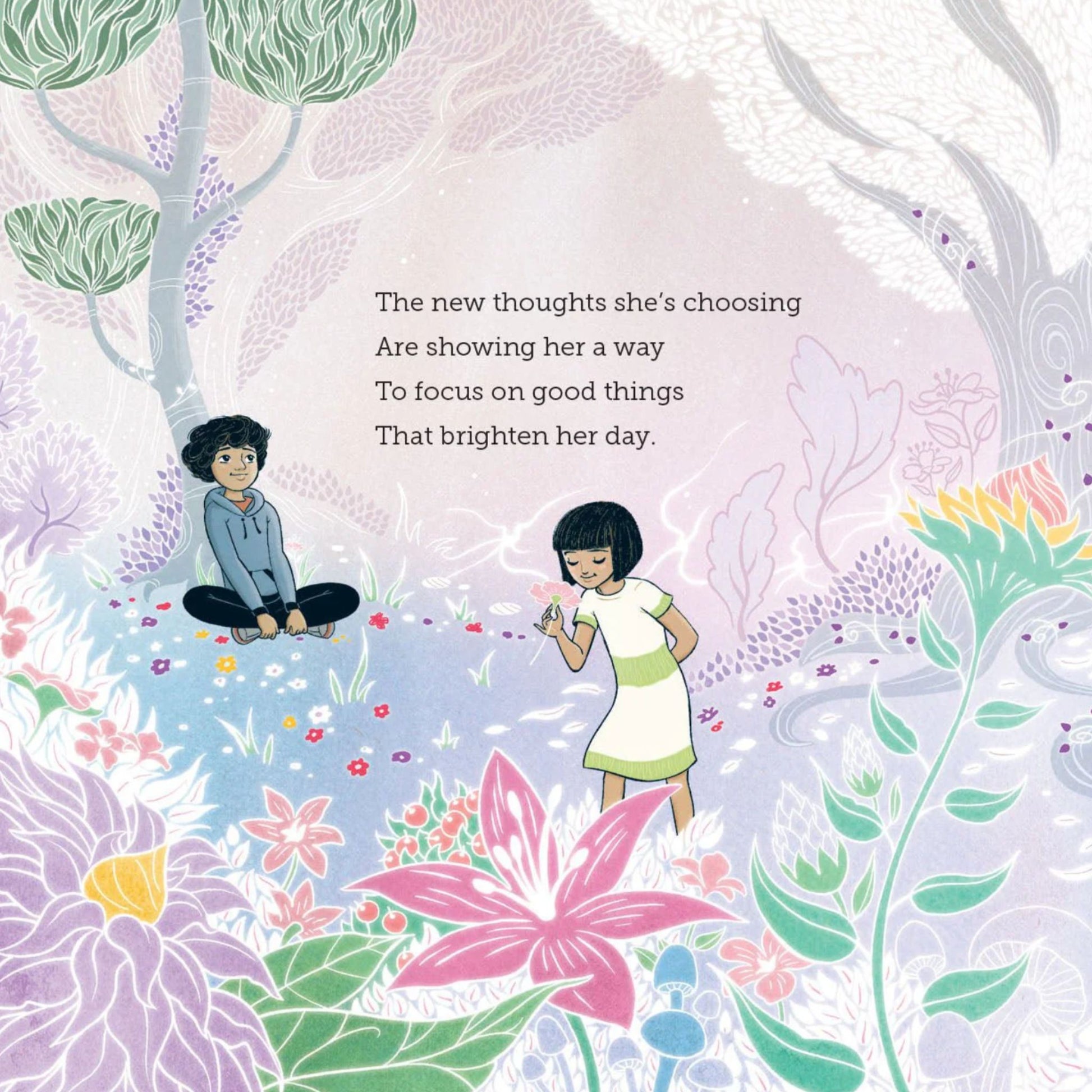 Page from 'Aroha's Choice' book with an illustration of two children in a garden with text about new thoughts and focusing on good things.