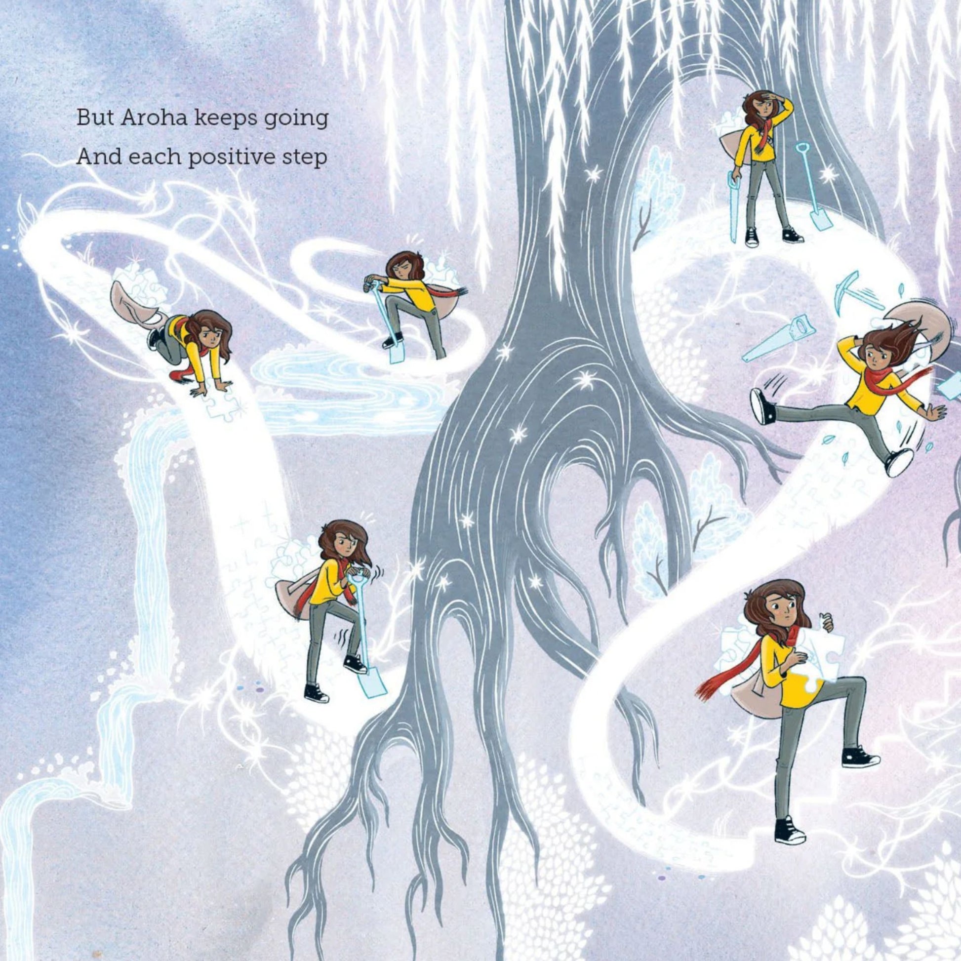 Page from 'Aroha's Choice' book with an illustration of a character walking through a tree with positive energy, surrounded by text.