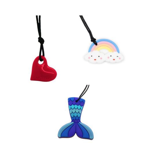 Chewables Kit of Soft, Medium & Firm Jellystone Designs Chew Necklaces in Red Heart, Pastel Rainbow and Mermaid Tail