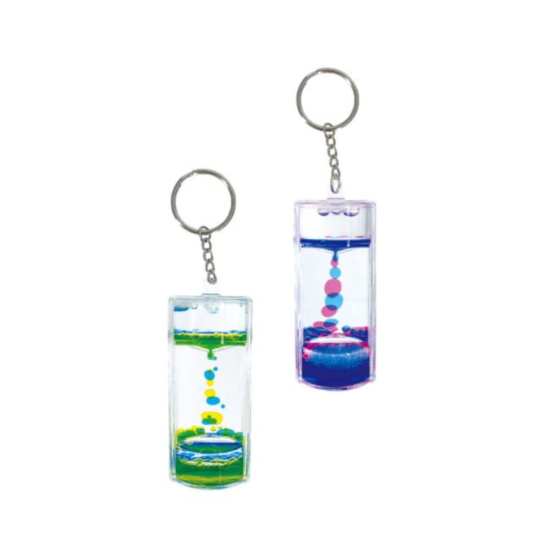 Two keychains with colourful liquid inside on a white background