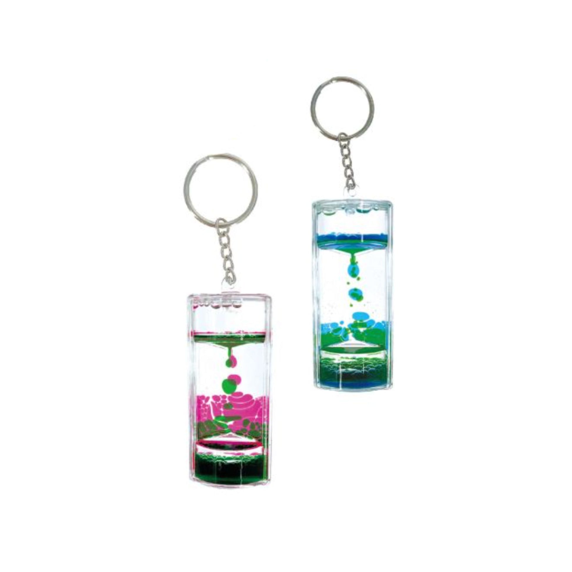 Two keychains with colourful liquid inside on a white background