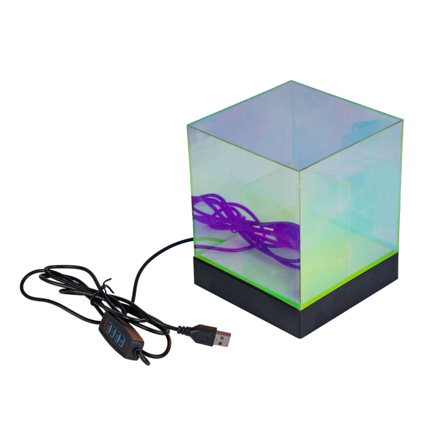 Transparent cube sensory lamp with USB cable on a white background