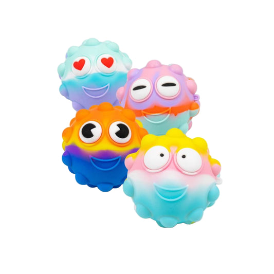 Four colourful, cartoon-like character fidget toys with gradient colours on a white background