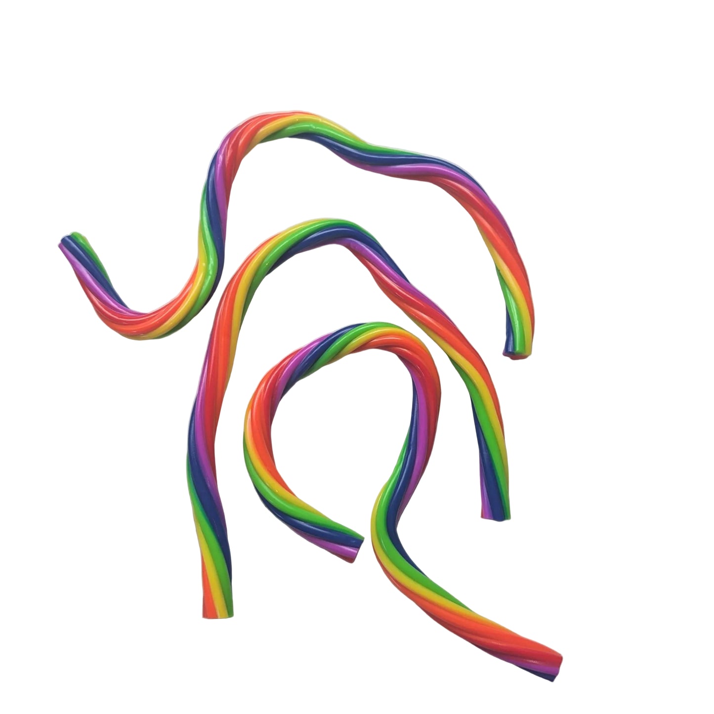 Colourful stretchy fidget monkey noodles on a white surface