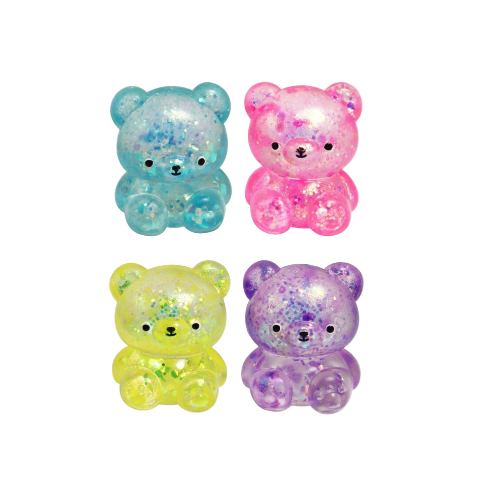 Four colorful bear-shaped squiahies with glittery textures on a white background