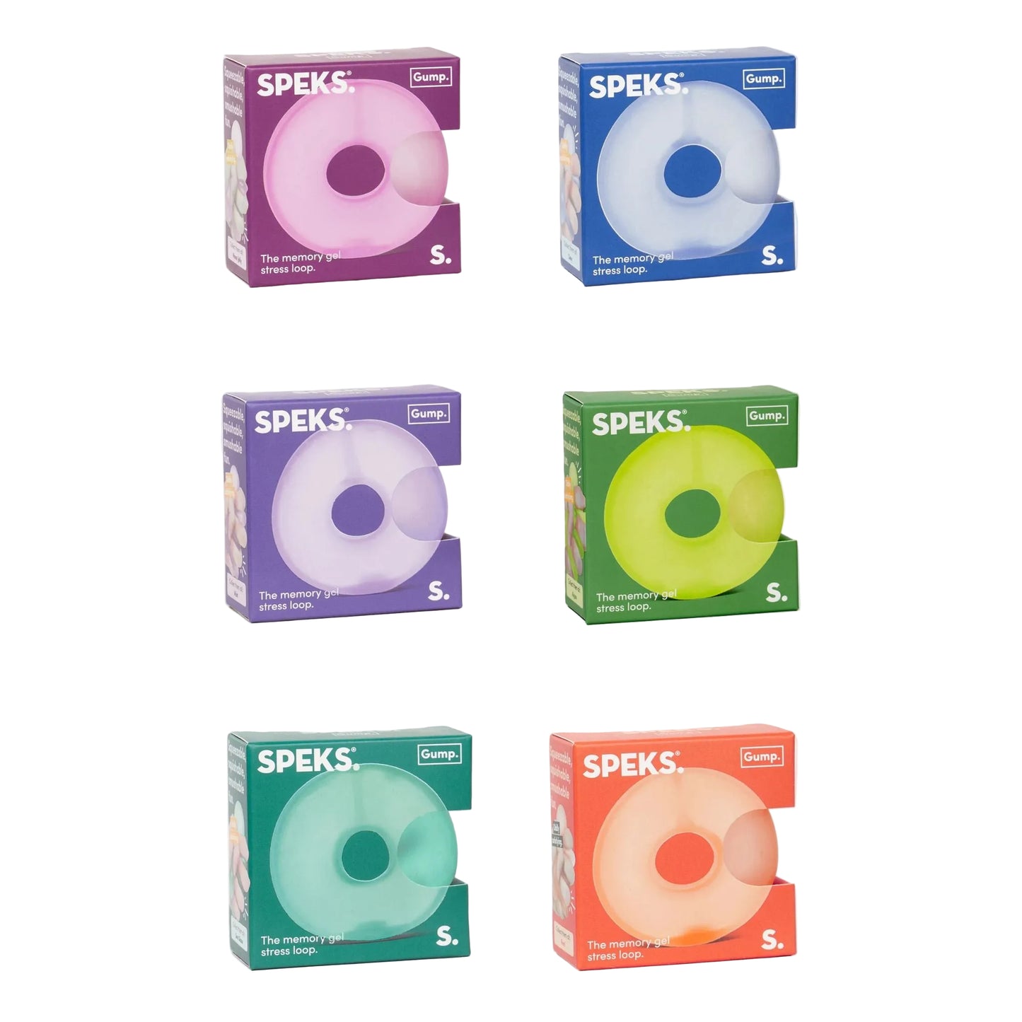 Six boxed SPEKS. squishy toys arranged in a 3-by-2 grid on a white background.