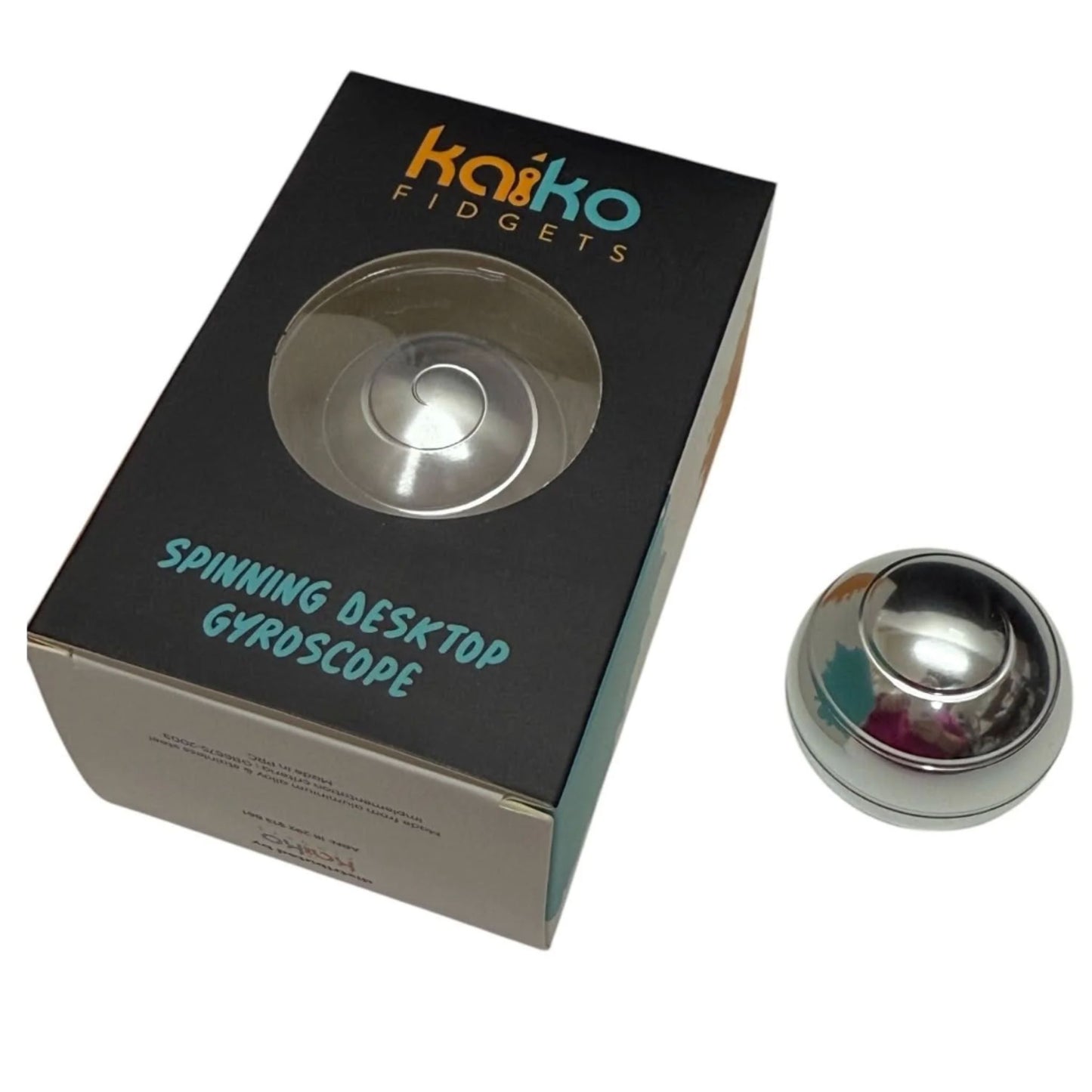 Kaiko Fidgets spinning desktop gyroscope with packaging on a white background