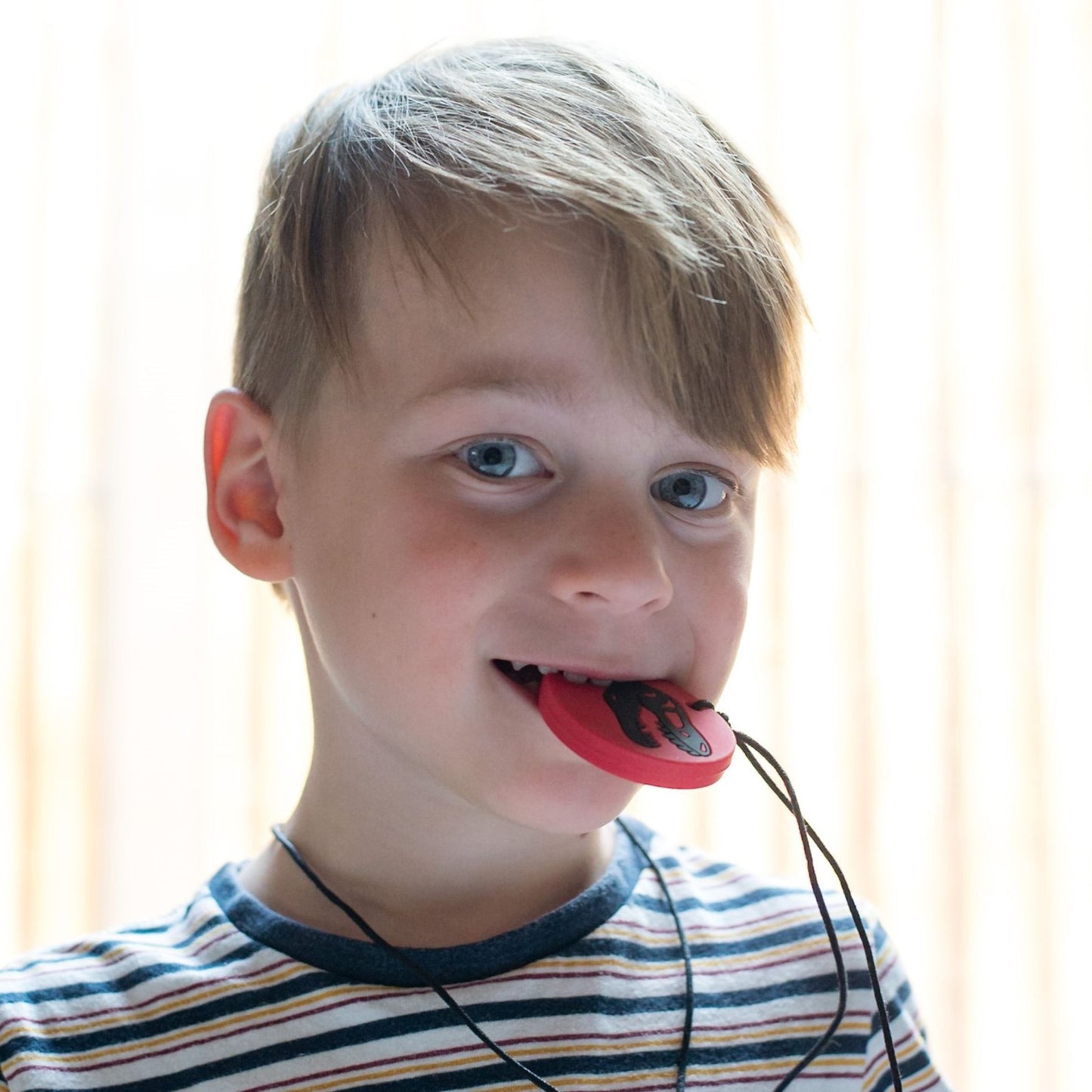 Boy biting Jellystone Designs Chew Necklace Dino in Red & Black