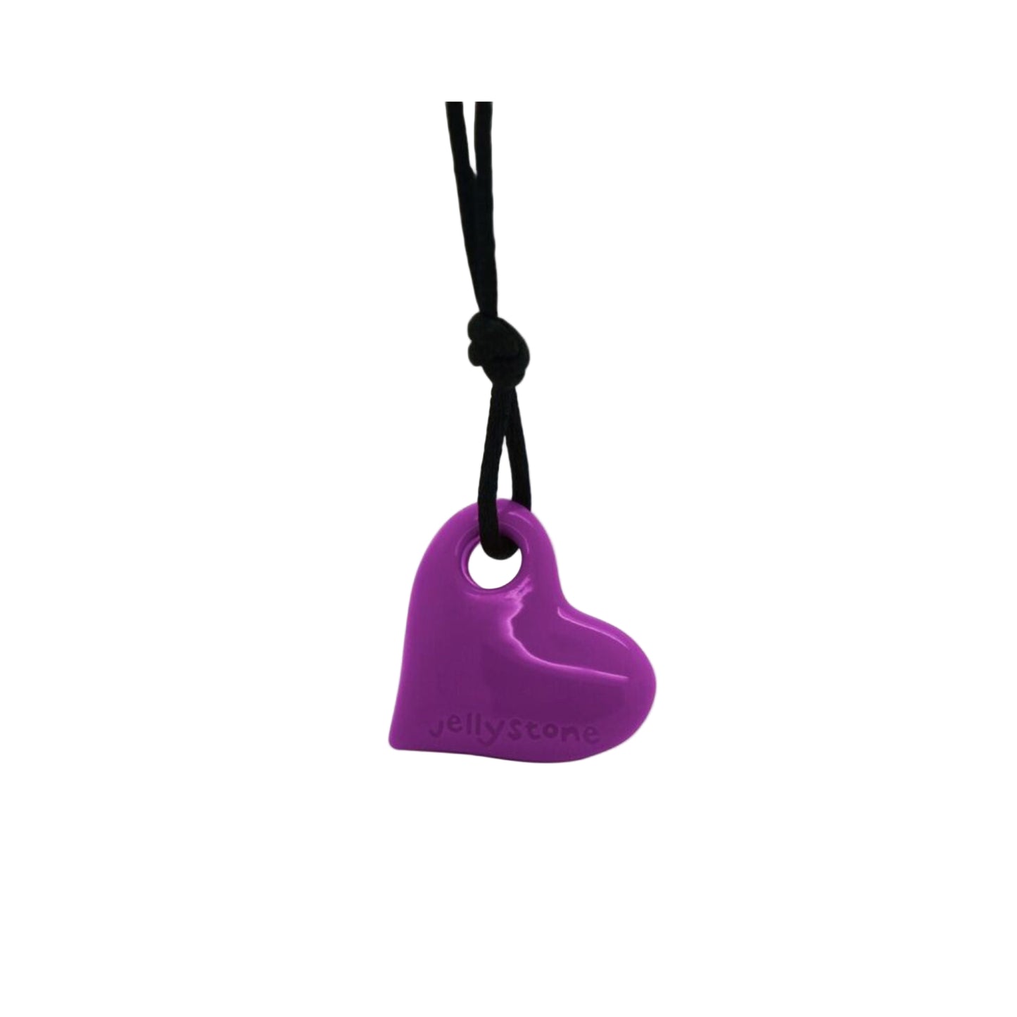 Purple heart-shaped chewable pendant on a black cord against a white background