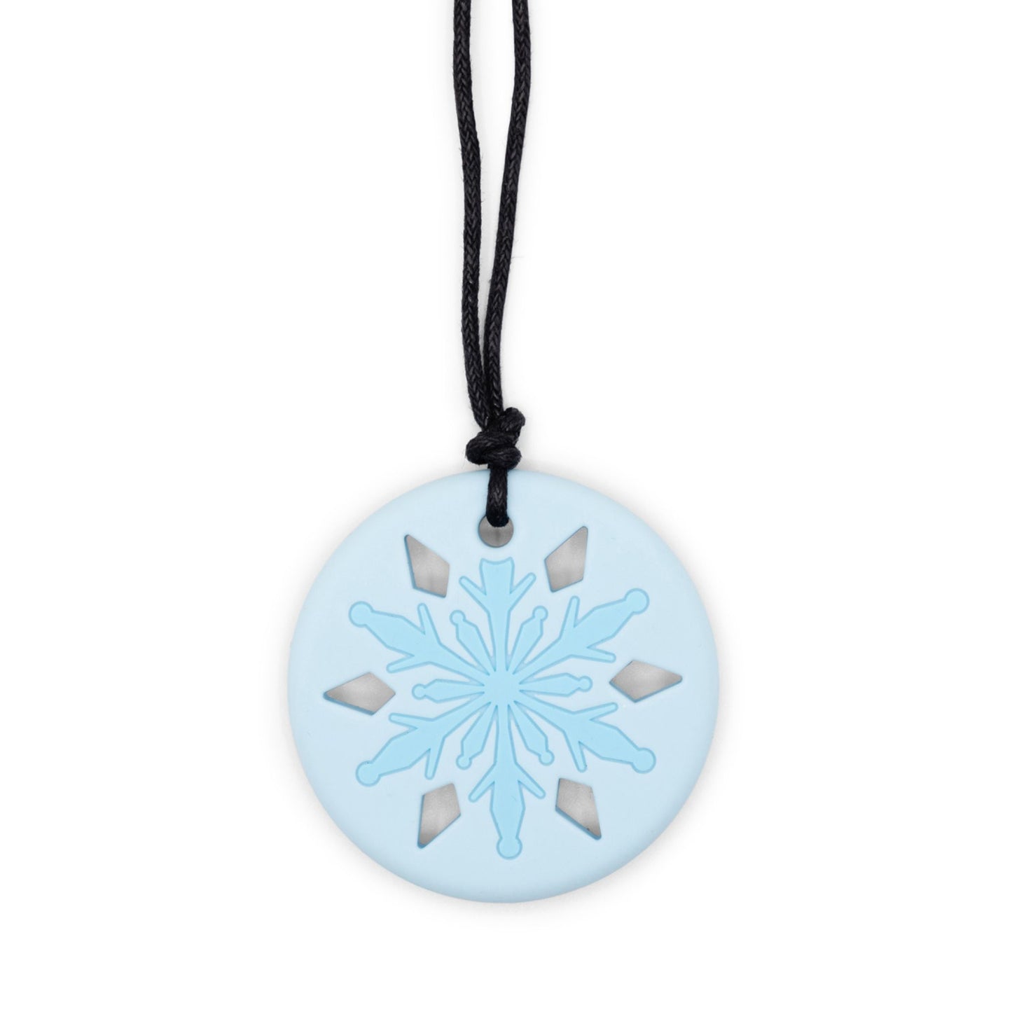 Chewable necklace with a light blue snowflake pendant on a white background