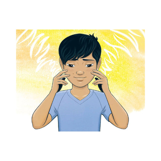 Page of 'Let It Flow' book showing an illustration of a person with hands on face against a yellow background