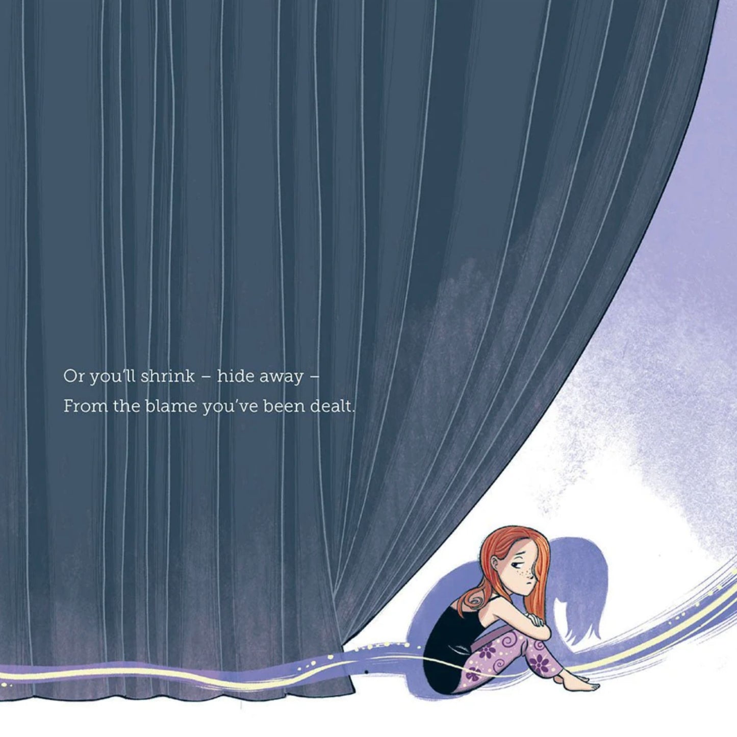 Page from Let It Go showing an illustration of a girl peeking from behind a curtain.
