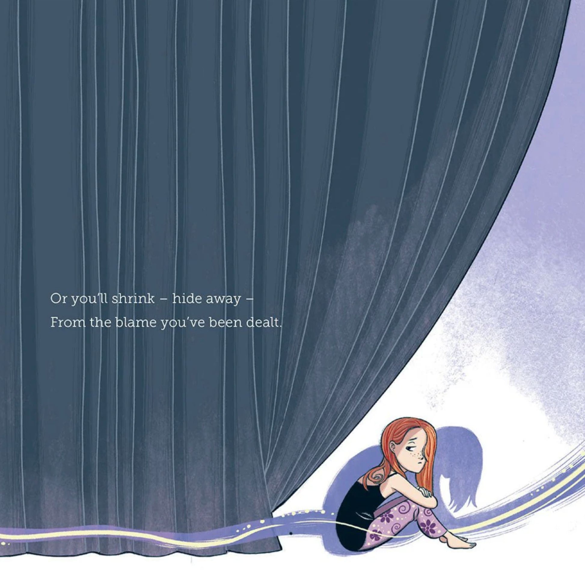 Page from Let It Go showing an illustration of a girl peeking from behind a curtain.