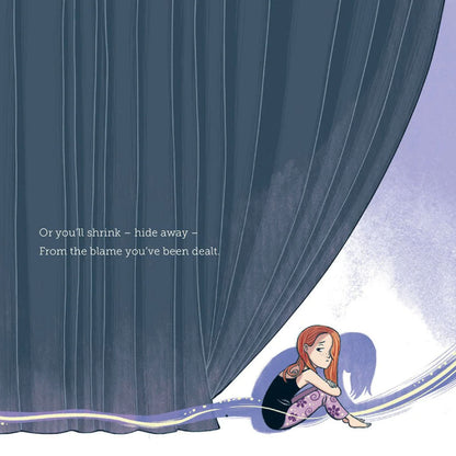 Page from Let It Go showing an illustration of a girl peeking from behind a curtain.