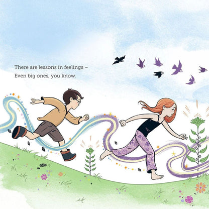 Page from Let It Go showing an illustration of two people running on a grassy hill with colourful paths and birds flying above.
