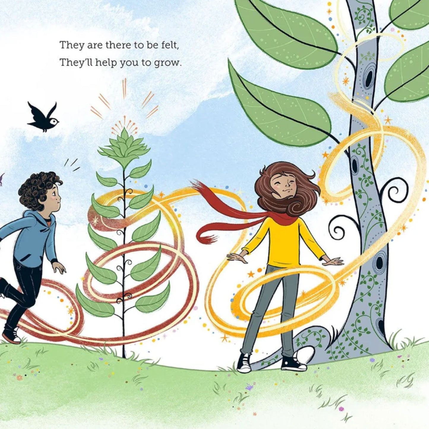 Page from Let It Go showing an illustration of two children playing with colourful ribbons in a forest setting.