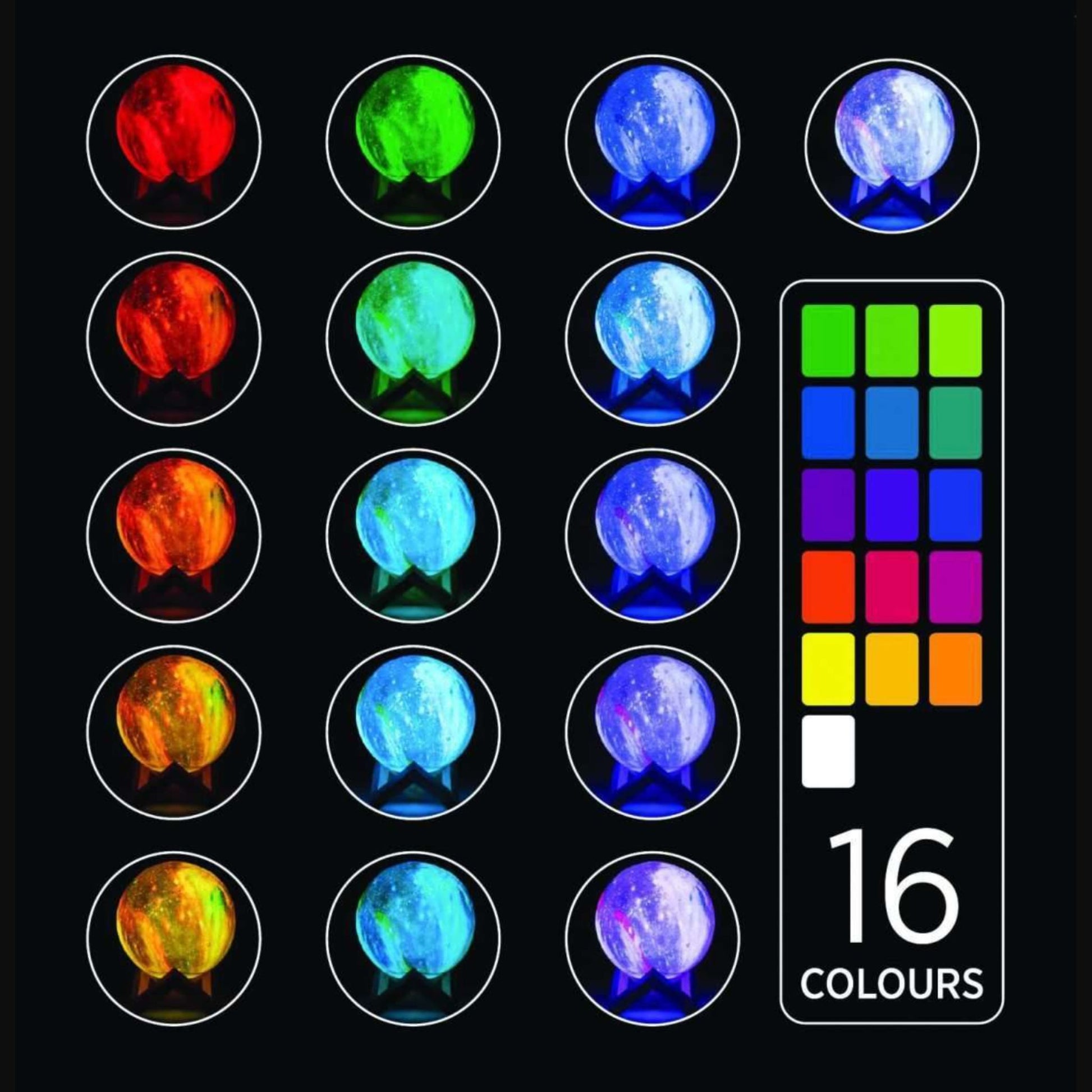 Set of 16 Galaxy Moon Lamp colour options in a colour swatch on a black background.