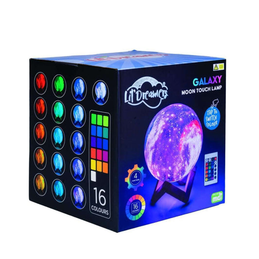 Box of a 'Galaxy Moon Touch Lamp' by Li'l Dreamers with colorful display and product image.