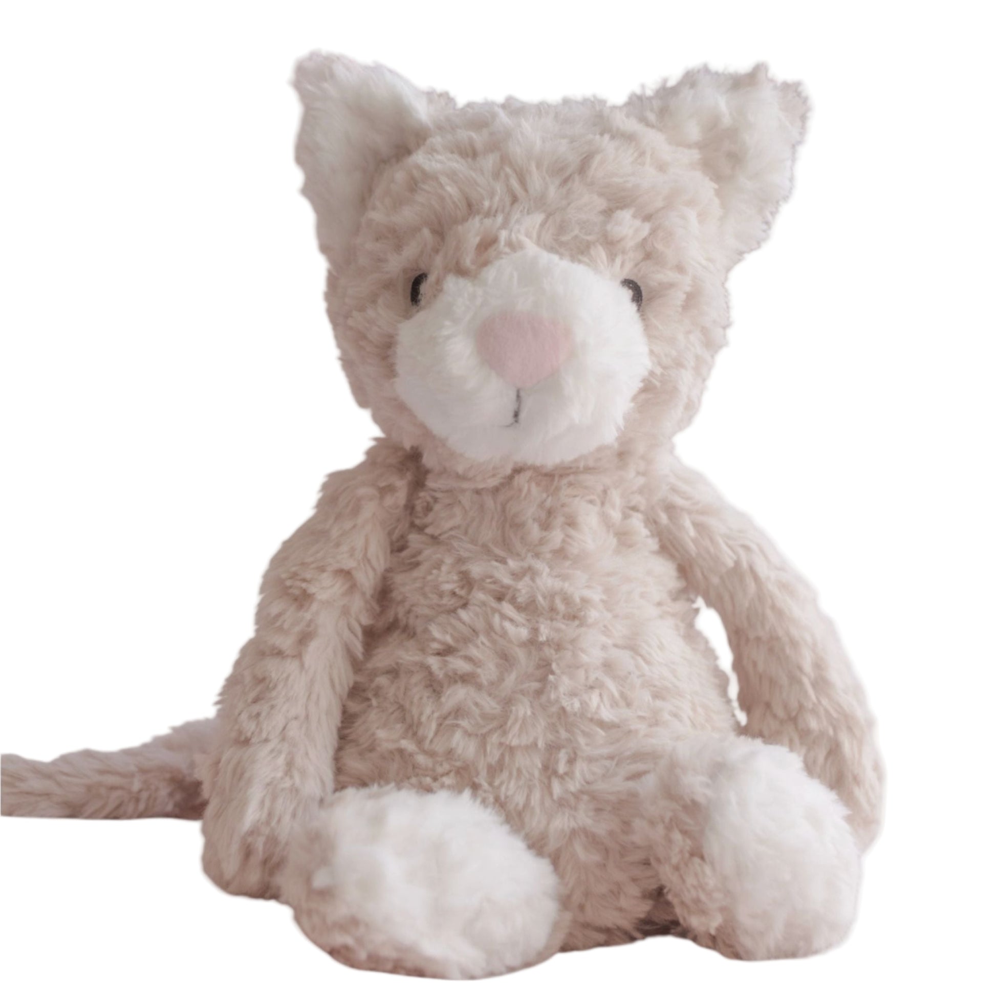 Weighted plush cat stuffed animal on a white background