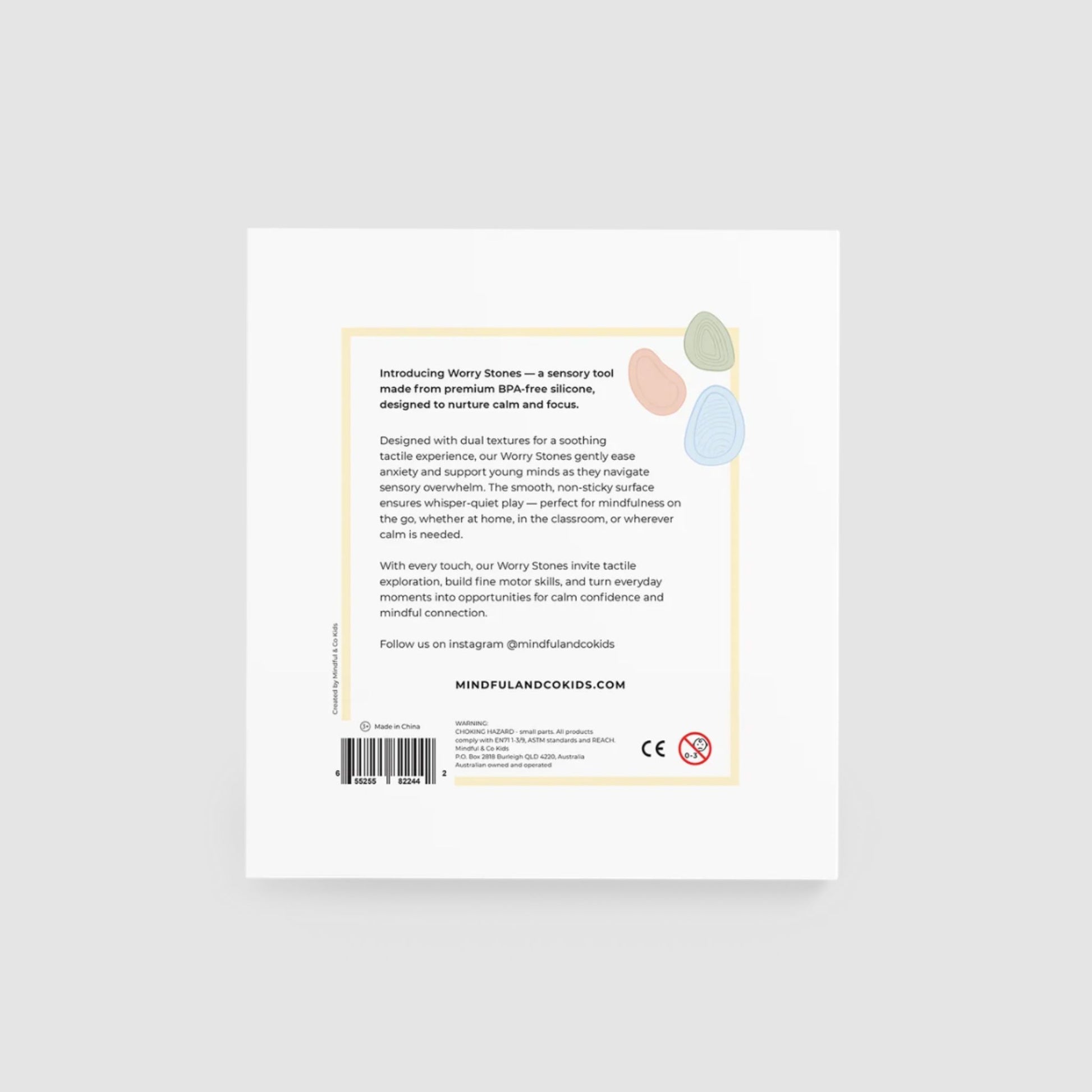 Back packaging of Mindful Co & Kids silicone worry stones on a white background