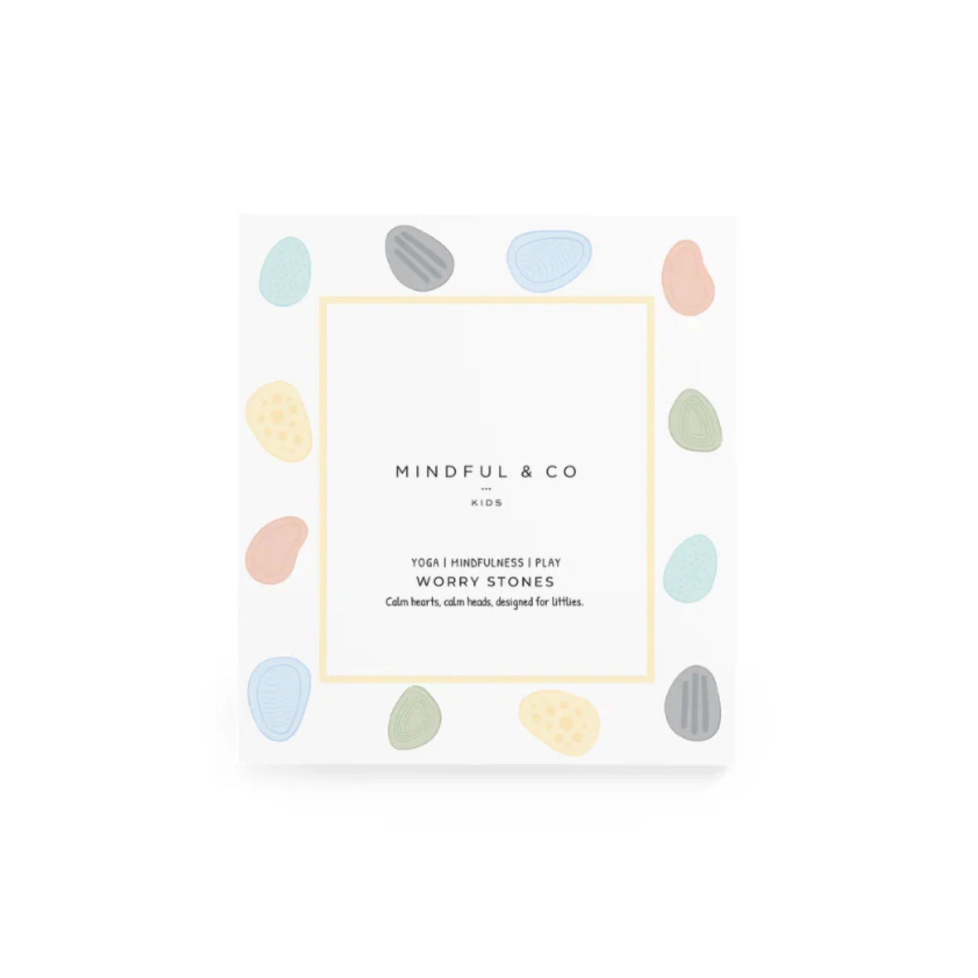 Front packaging of Mindful Co & Kids silicone worry stones on a white background