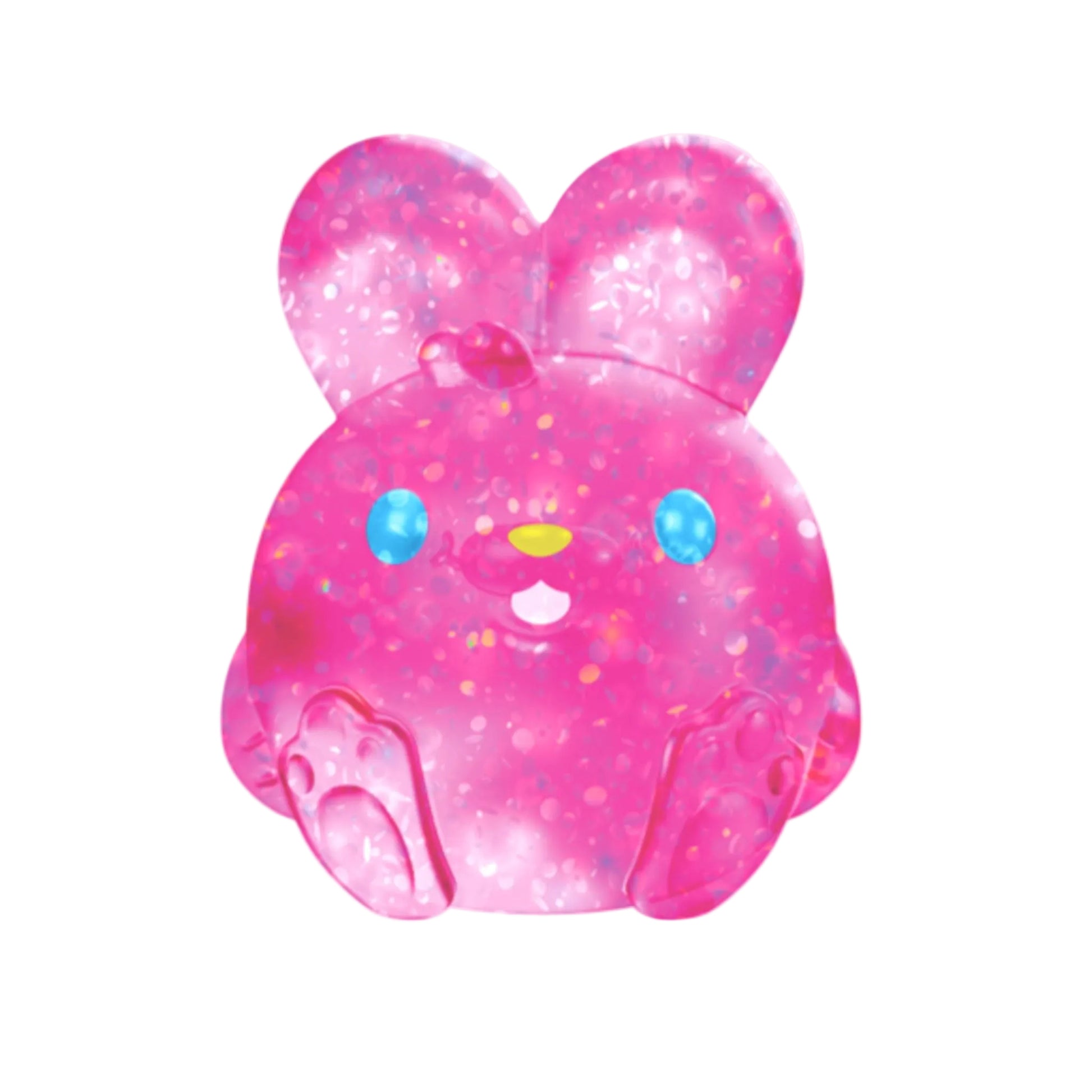 Pink rabbit-shaped Needoh squishy with purple eyes on a white background