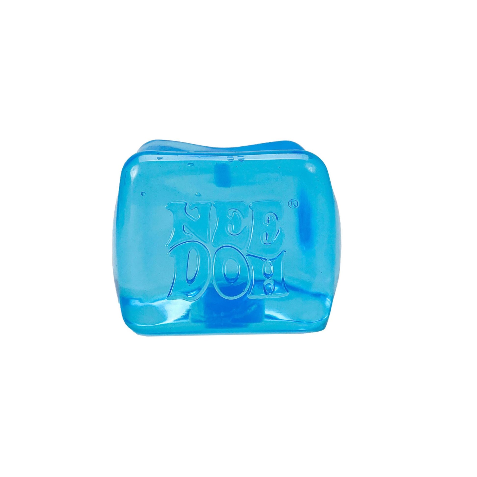 Blue NeeDoh Niceberg ice cube squishy stress ball against a white background