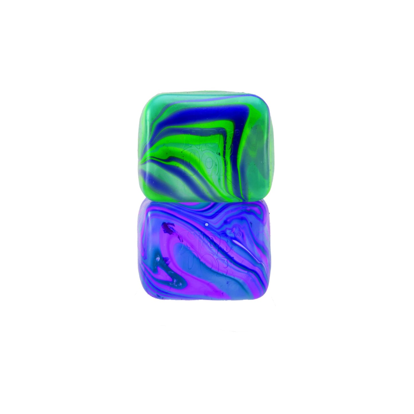 Two colourful Needoh Nice Cube Swirl marbled squishy cubes on a white background