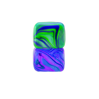 Two colourful Needoh Nice Cube Swirl marbled squishy cubes on a white background