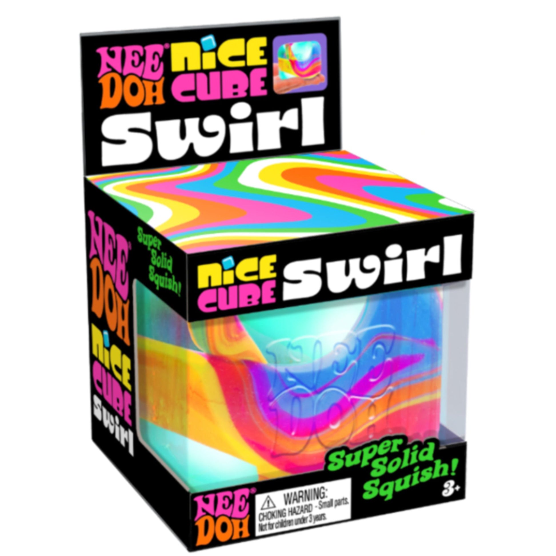 A colourful Needoh Nice Cube Swirl marbled squishy cube in packaging on a white background