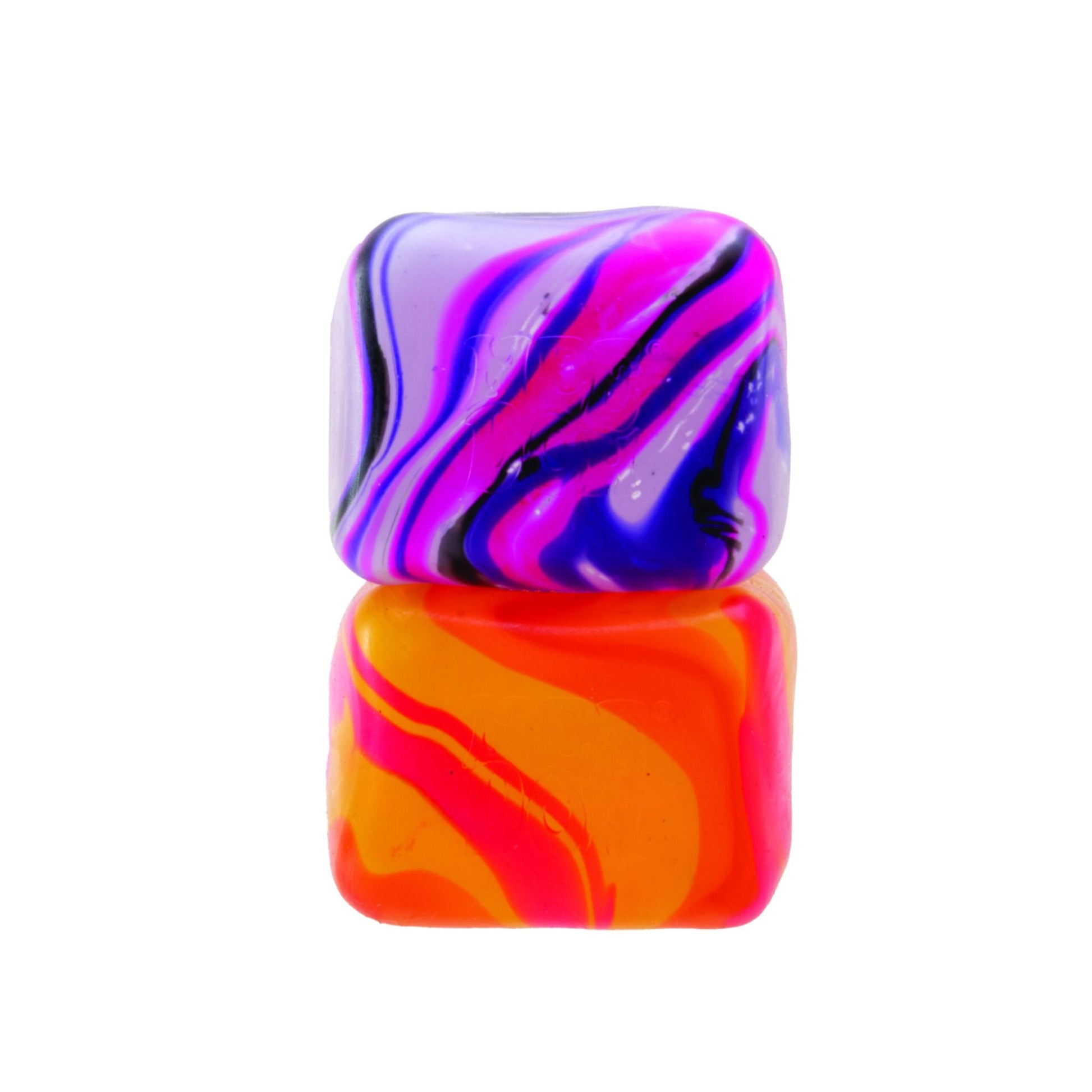 Two colourful Needoh Nice Cube Swirl marbled squishy cubes on a white background