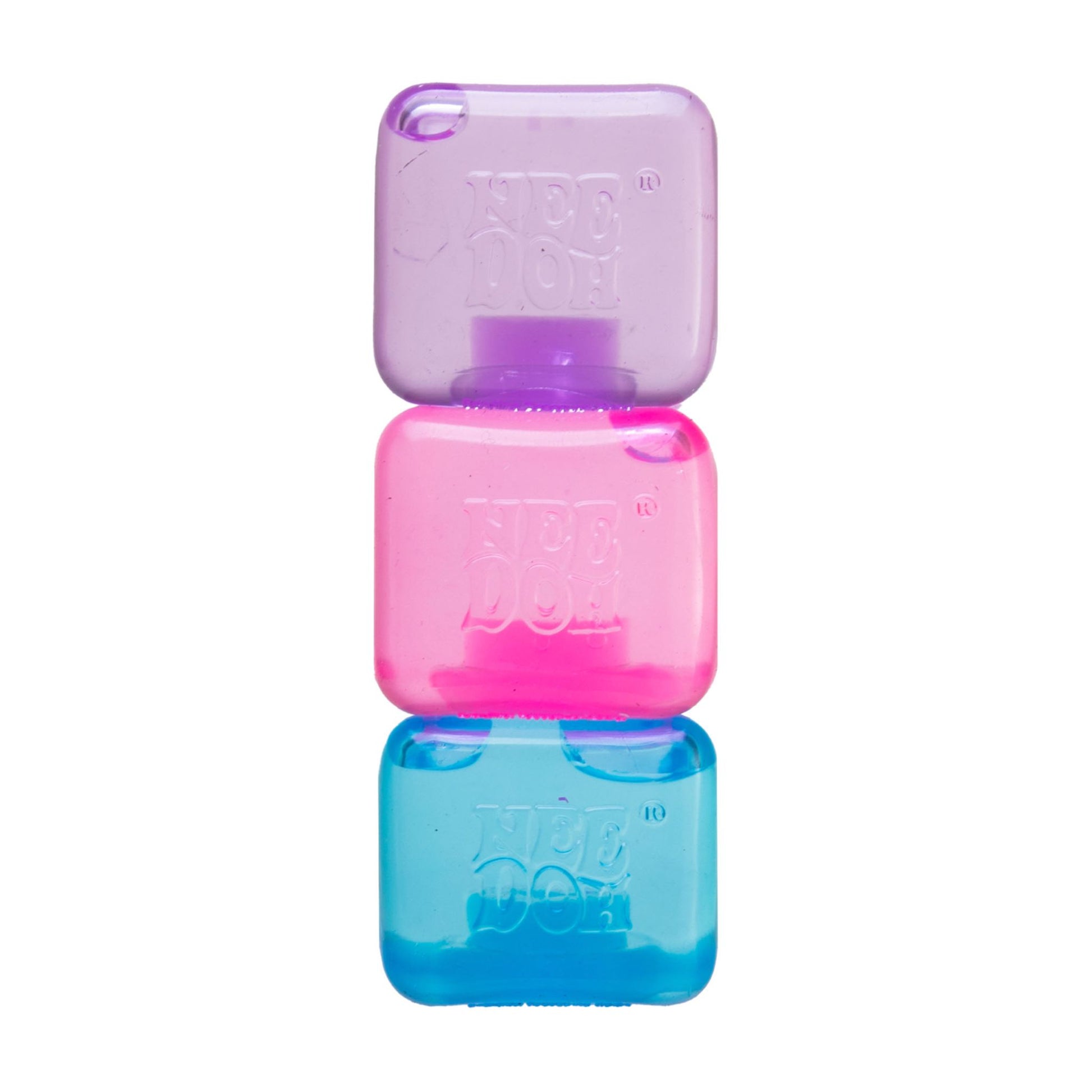 Set of three NeeDoh Teenie Nice Ice Baby ice cube squishy stress balls in a stack against a white background
