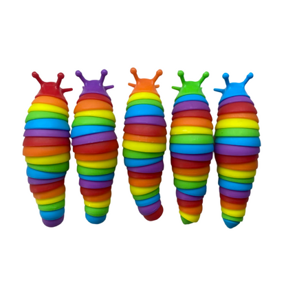 Colourful fidget toy slugs on a white background