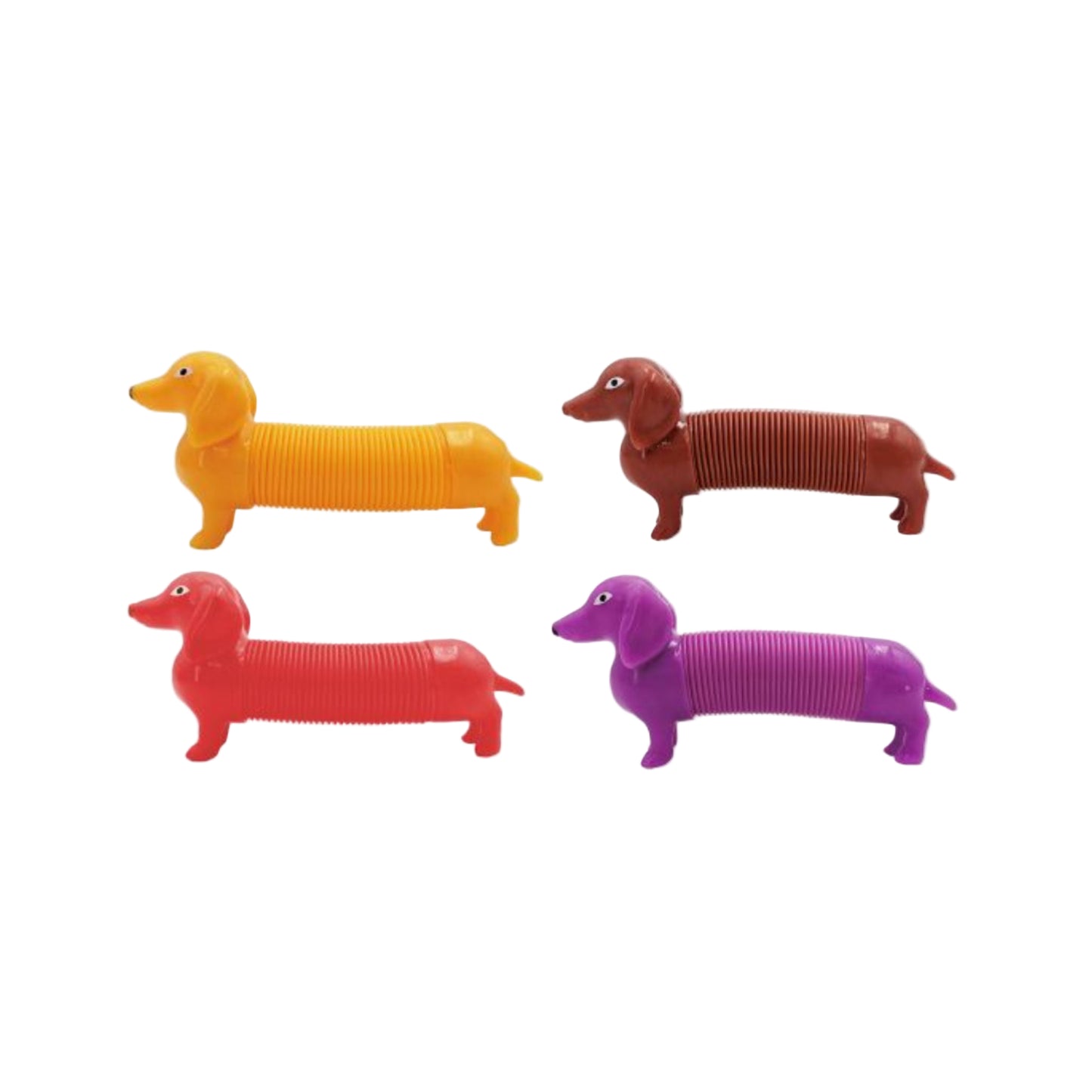 Four colorful plastic dachshund pop tube fidgets on a white background