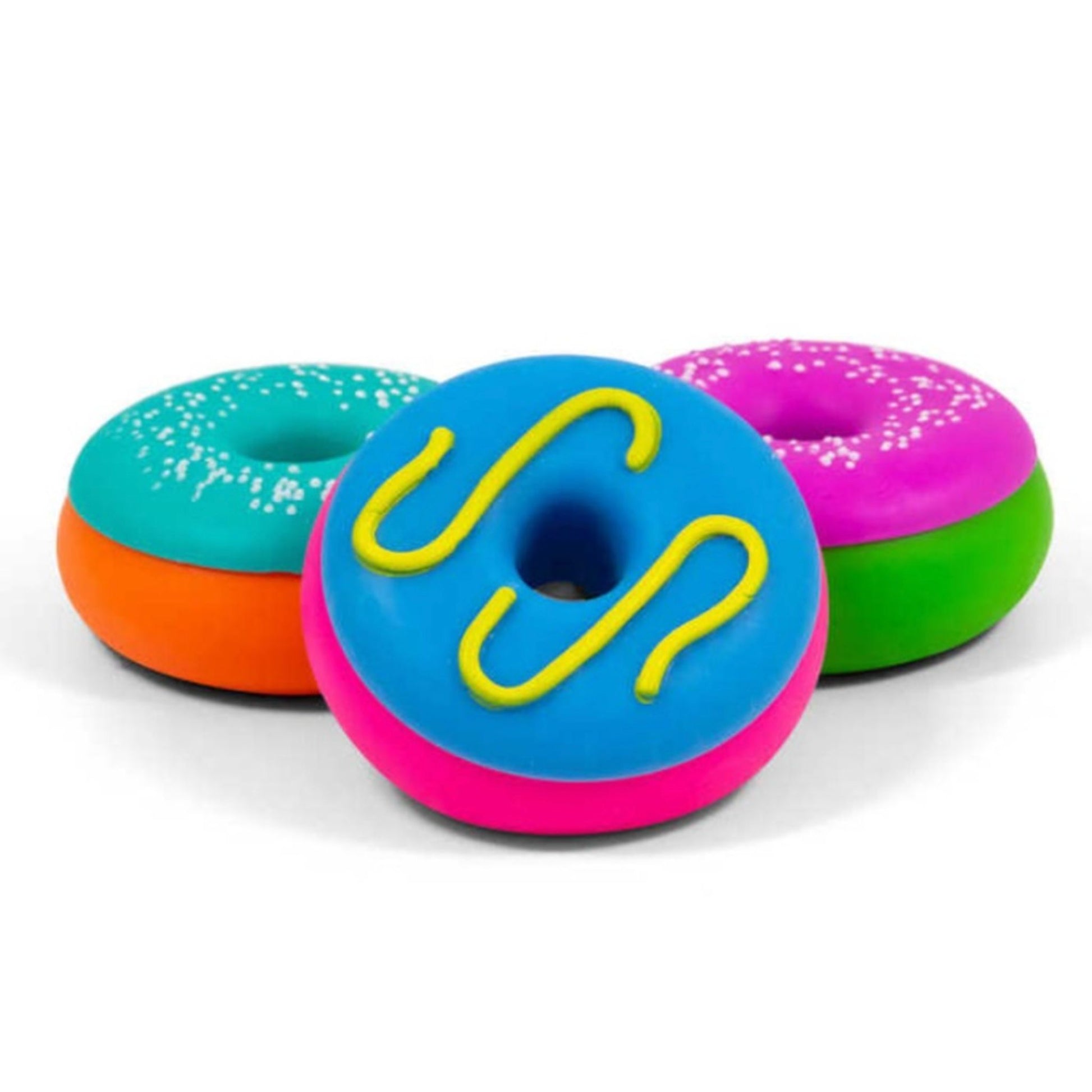 Colourful donut-shaped squishy toys on a white background