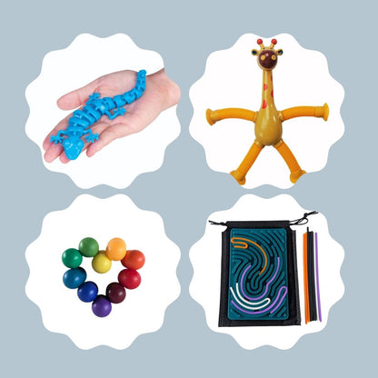 Collage of fidget toys including a blue gecko, yellow giraffe, rainbow balls, and a silicone sensory activity board.