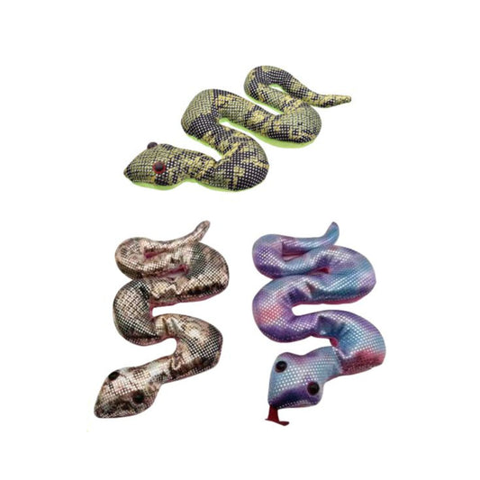 Four sand-filled snake fidgets in different colours on a white background