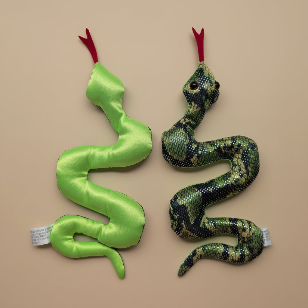 Two snake-shaped toys on a light gray surface