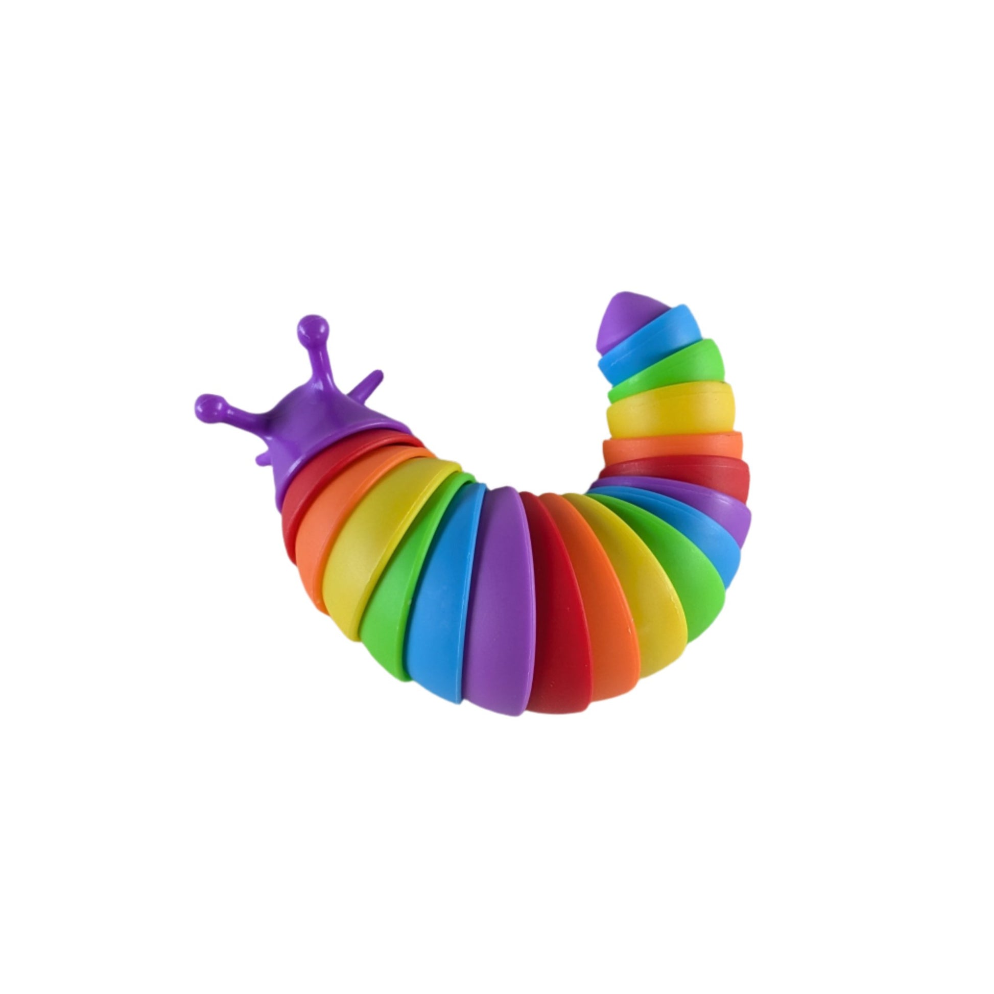 Rainbow Sensory Slinky Slug Fidget toy with purple head