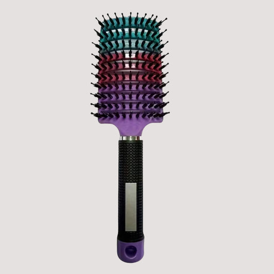 Multicoloured sensory hairbrush with purple handle on a white background