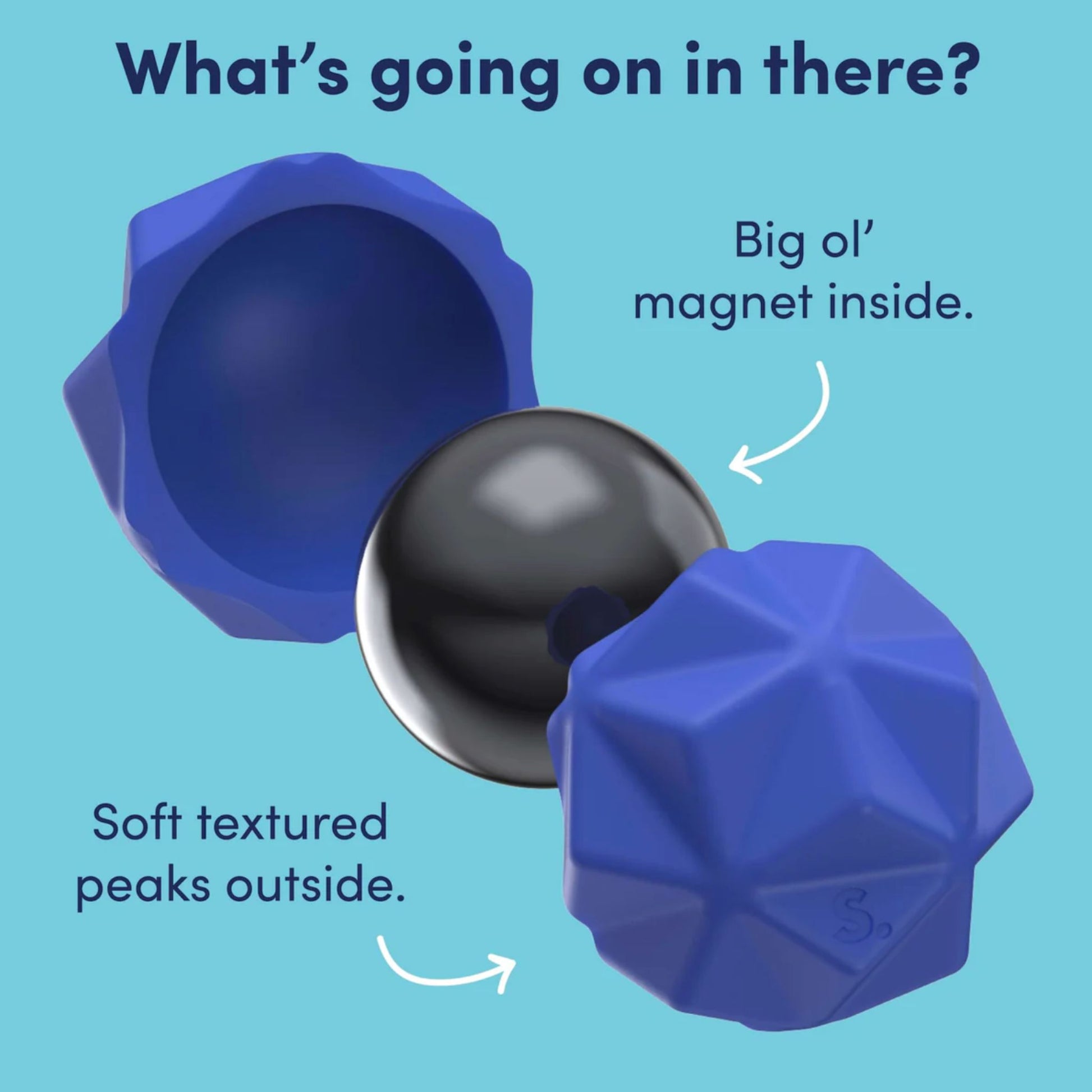 Speks Odds blue geometric silicone magnet ball with a black magnet inside on a blue background