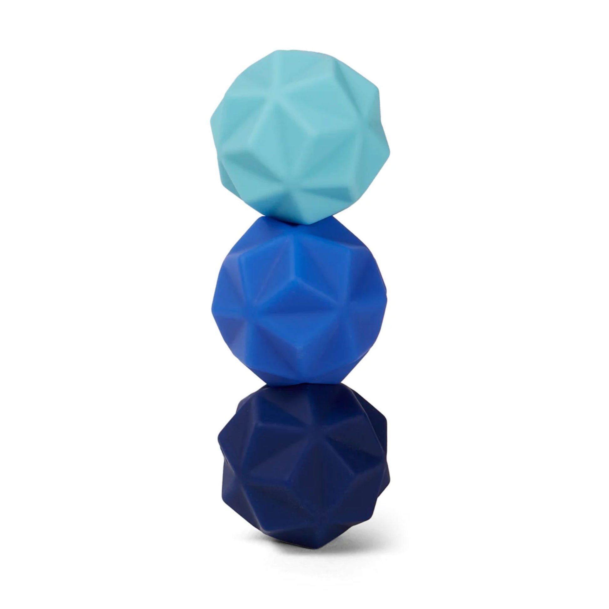 Three geometric-shaped magnetic fidget balls for adults in blue and light blue on a white background